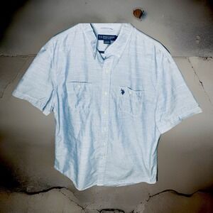 US POLO ASSN Light Blue Short Sleeve Double Pocket Dress Shirt Size Large Cotton